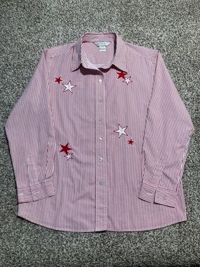 Allison Daley Red & White Striped Button-Down Shirt with Star Embroidery